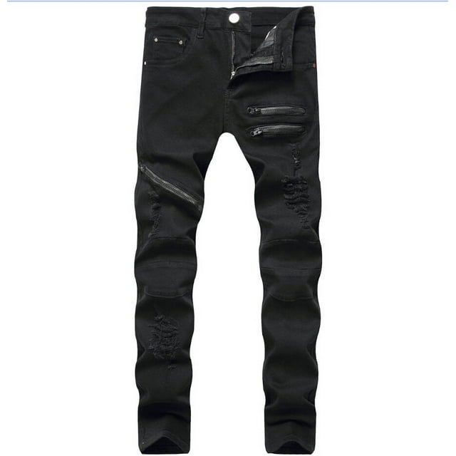 Jeans Skinny Déchirés pour Hommes à Fermeture Éclair, Denim Détruit, Pantalon Crayon