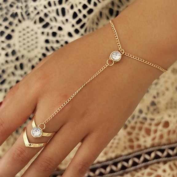 Women Ring Bracelet Solid Color Alloy Geometric Rhinestone Inlaid Lady Chain Ring for Prom