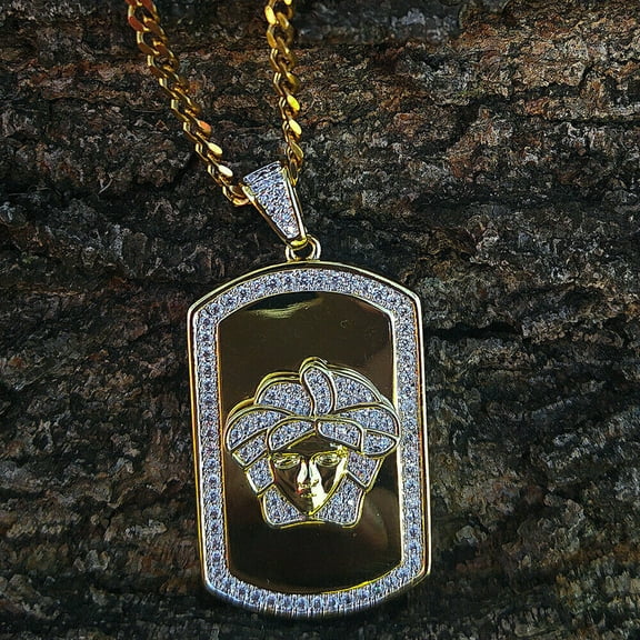 Aishvi Jewels 1.50 Ct Round Cut Real Moissanite Medusa Dog Tag Pendant 14K Yellow Gold Plated 18"Free Chain