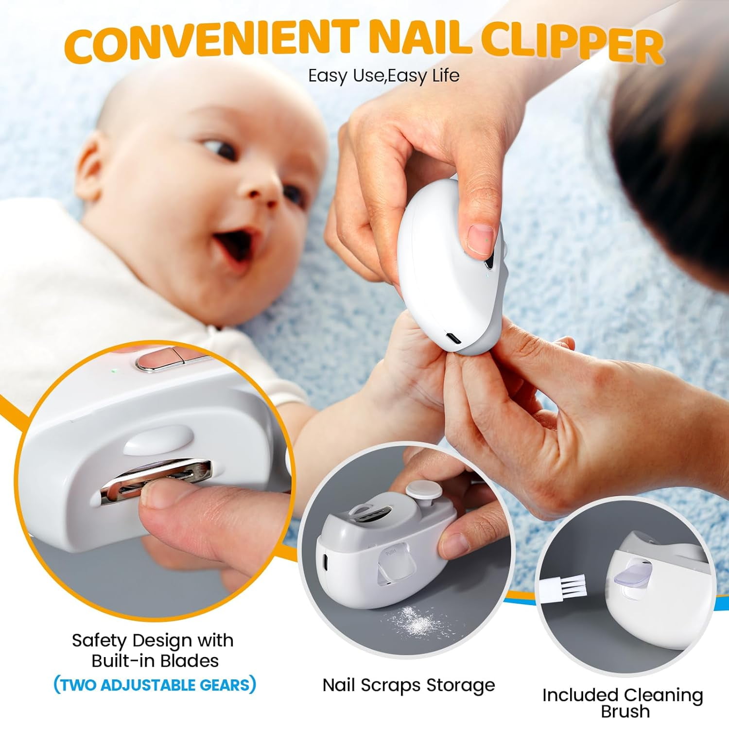 Electric Nail Trimmer for Baby with LED Light, 2 in 1 Automatic Safety Fingernail Clipper and File with Nail Scraps Storage for Newborn, Kids, Adult, Elderly, 2 Speeds, USB Rechargeable