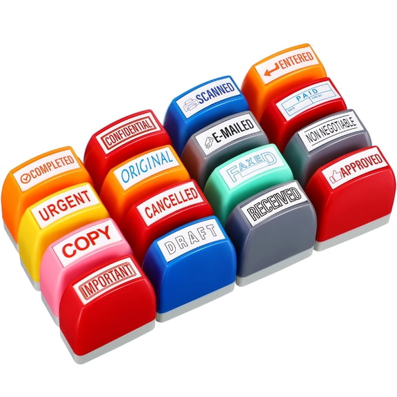 16pcs Office Stamp Set Information Automatic Rubber Stamp Set Office Stamp Complete Fax Scan Stamps Office Information Supplies (Mixed Colors)
