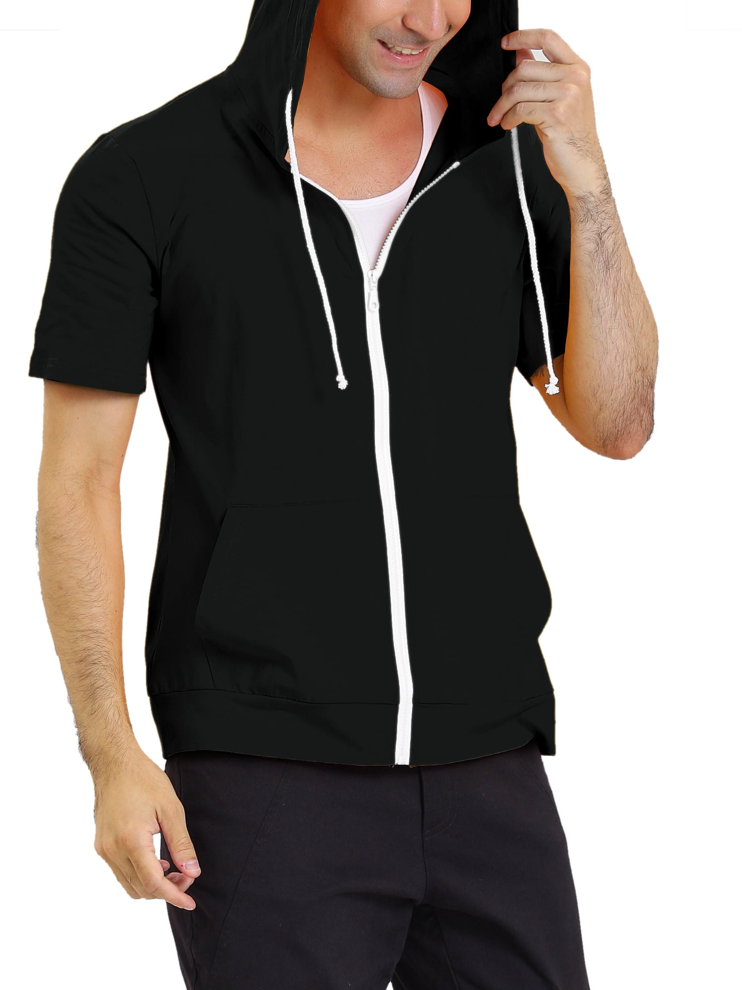 Unique Bargains Men's Short Sleeve Solid Color Zip Up Sport Hoodies M Black