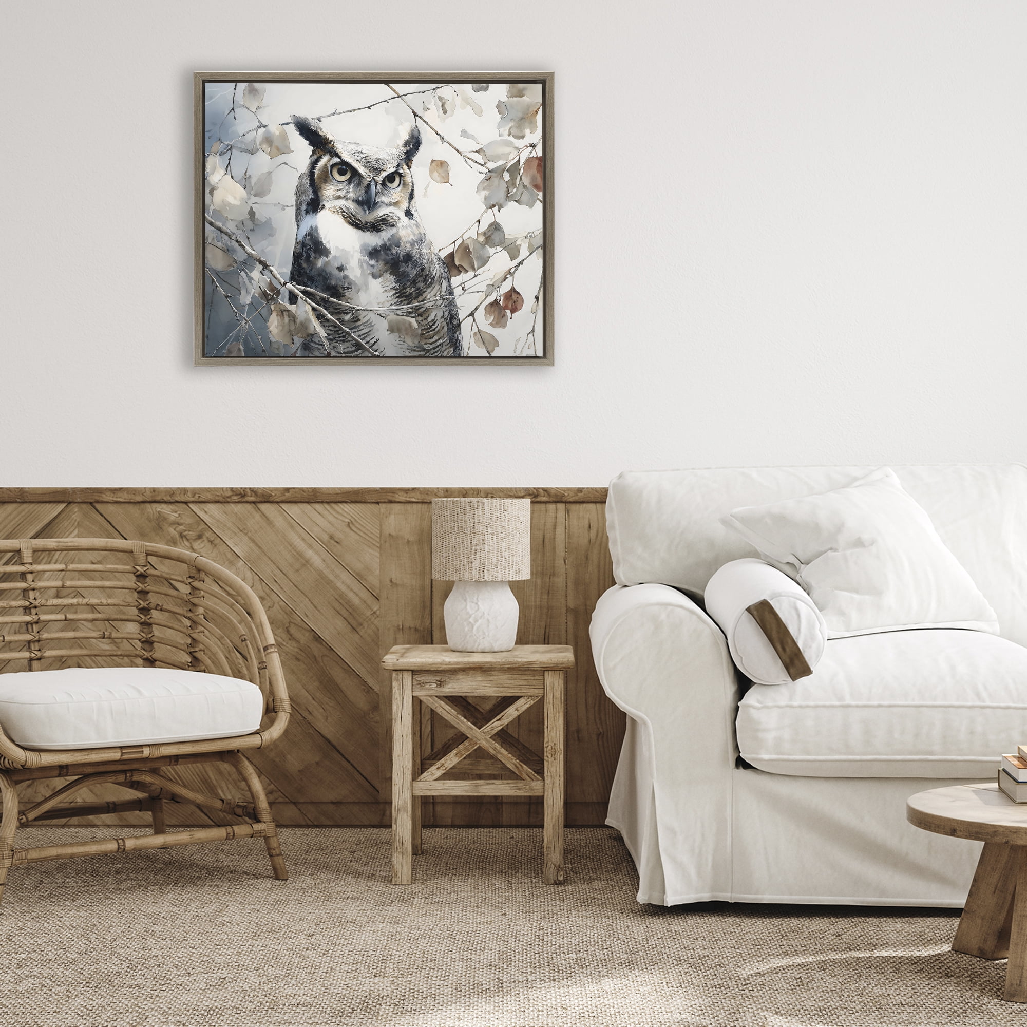 Stupell Industries Horned Owl Perched Brown Framed Floater Canvas Wall Art, design by Franklyn Gregory