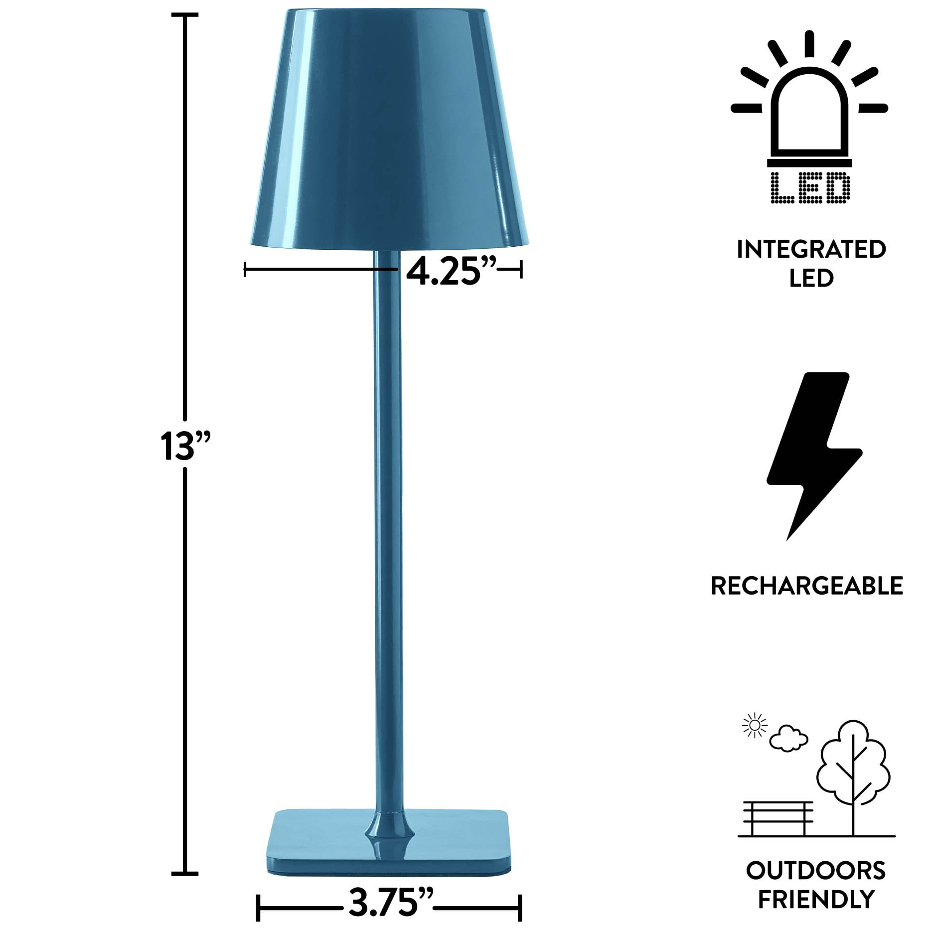 Mainstays 13-inch Rechargeable Table Lamp with Corsair Blue Finish and Touch Dimming Control