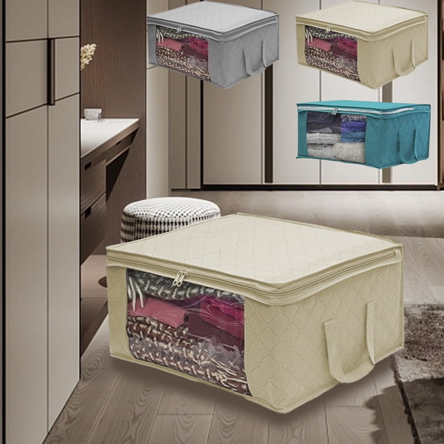 Bolsas grandes de almacenamiento 40L con cremalleras - Organizador plegable para mantas y almohadas, tejido no tejido 120G, ventana transparente, asas reforzadas (azul, gris, beige)