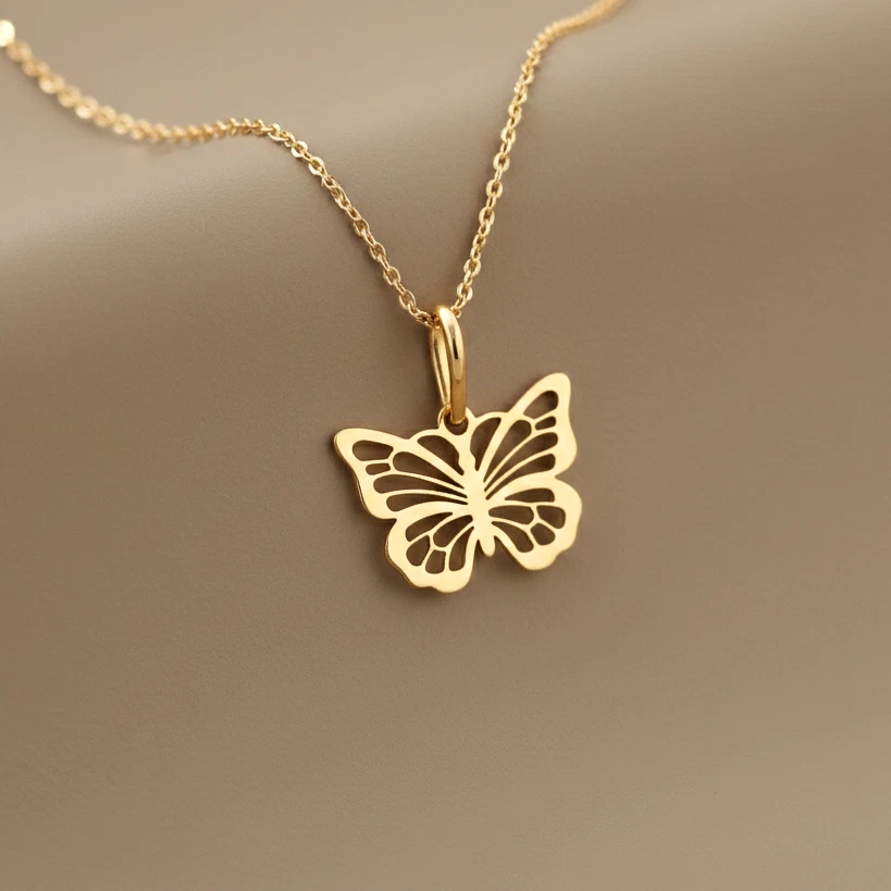 Tilo Jewelry 14K Yellow Gold Butterfly Openwork Pendant Charm Necklace for Women & Unisex | 18 Inch Cable Chain