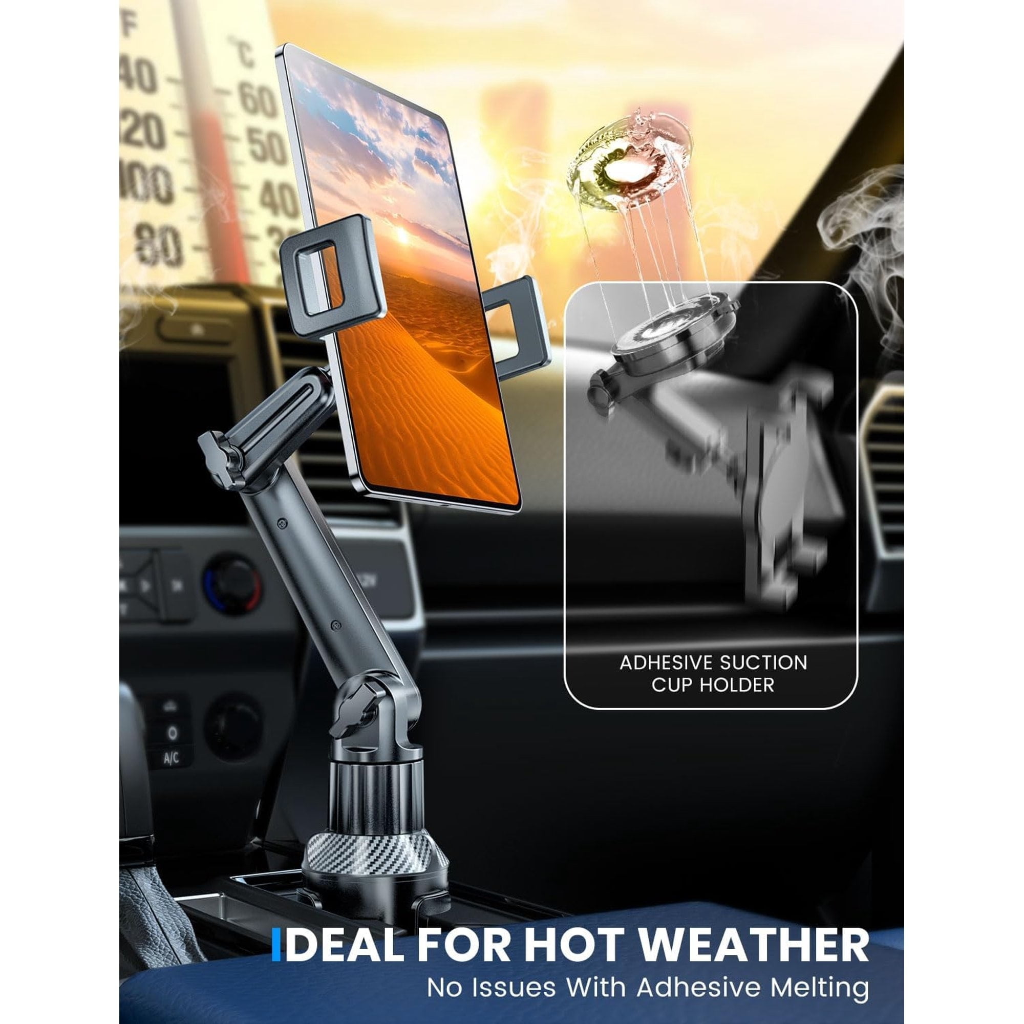 Tablet Holder for Car, for iPad Cup Holder Car Mount with 1.57" Depth Large Clamp 15" Height Adjustable for iPad Holder for Car for 6"-12.9" Cell Phone iPhone iPad Stand Travel Accessories