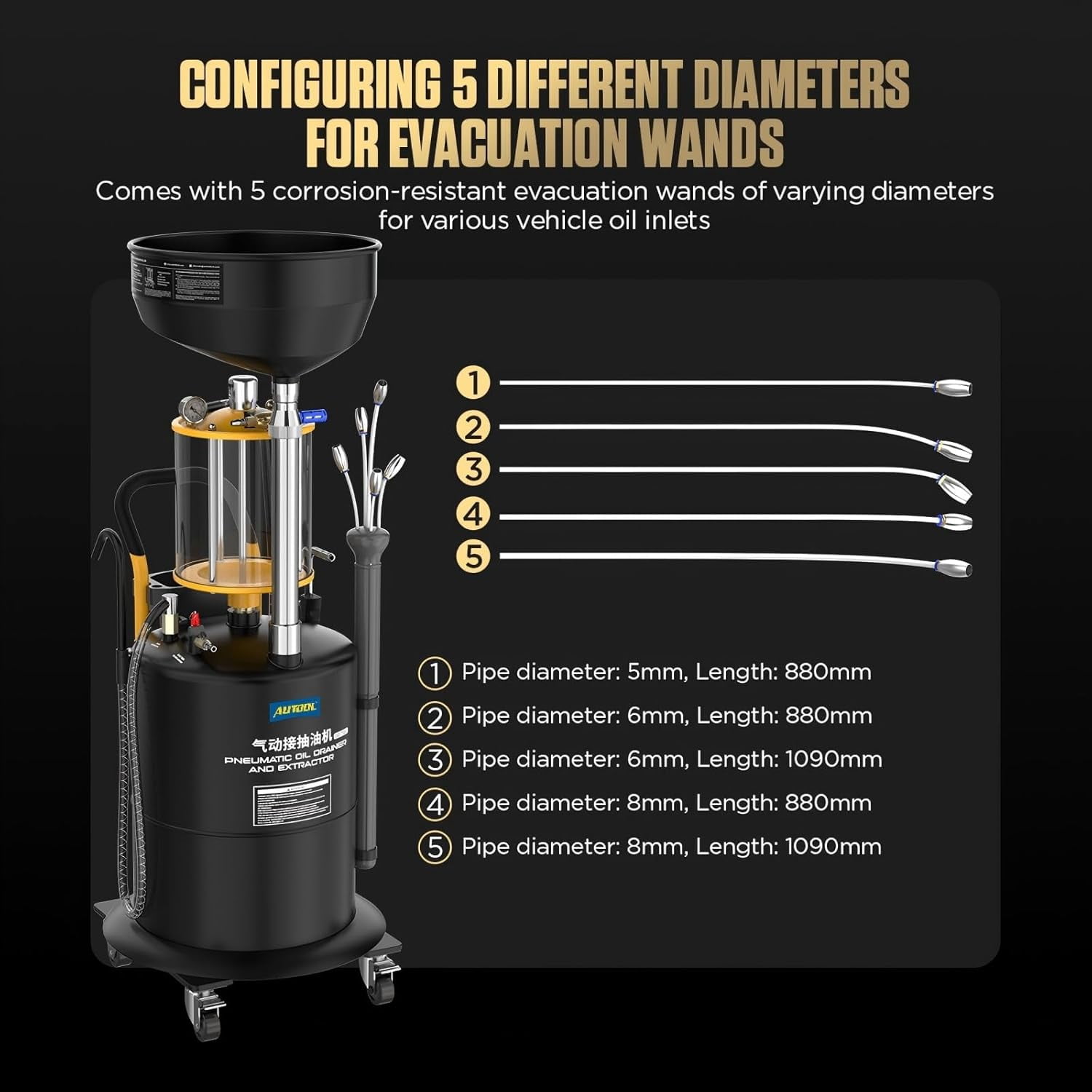 AUTOOL OD720 18.5 Gallon Pneumatic Oil Drainer and Extractor Vacuum Oil Change Tank with Large Capacity Measuring Cup and 5 Evacuation Wands