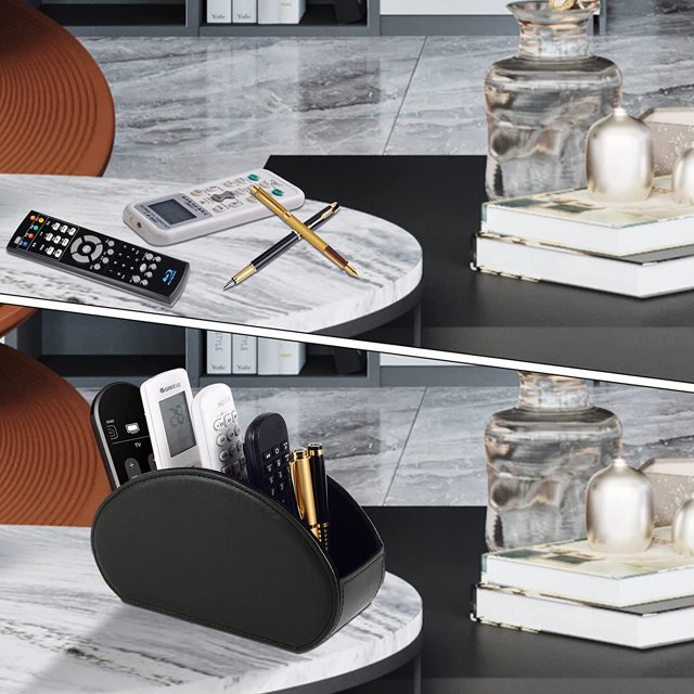 Bandeja de soporte para control remoto de TV con 5 compartimentos, Soporte de control remoto de cuero de PU Decoración de mesita de noche, Caja de almacenamiento remoto de medios colocados / (Neg