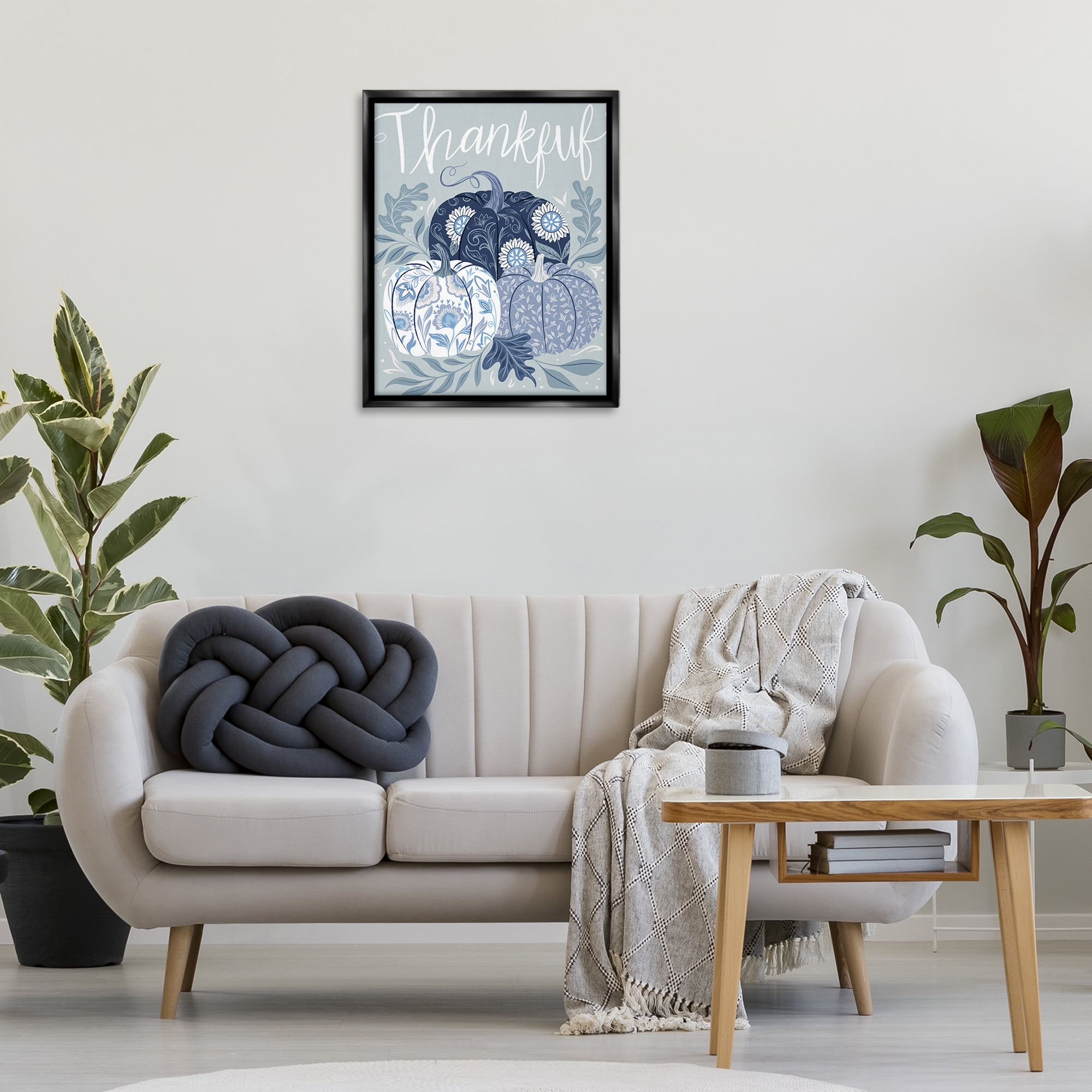 Stupell Industries Thankful Ornate Floral Pumpkins Plants & Flowers Painting Black Floater Framed Canvas Art Print Wall Art, 25 x 31