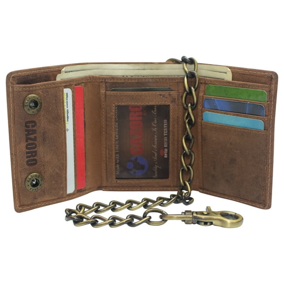 Men's RFID Blocking Trifold Vintage Leather Biker Chain Wallet With Snap Closure
