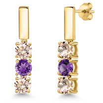 Gem Stone King 18K Yellow Gold Plated Silver Peach Morganite and Purple Amethyst Drop Dangle Earrings for Women | 1.28 Cttw | Gemstone October Birthstone | Round 5MM