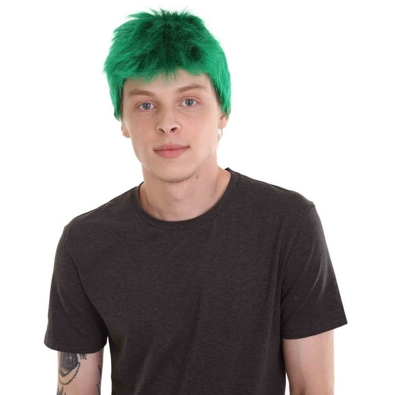 HPO Adult Men's Green Costume Wig – Fancy Cosplay Hair with Breathable Capless Cap for Halloween