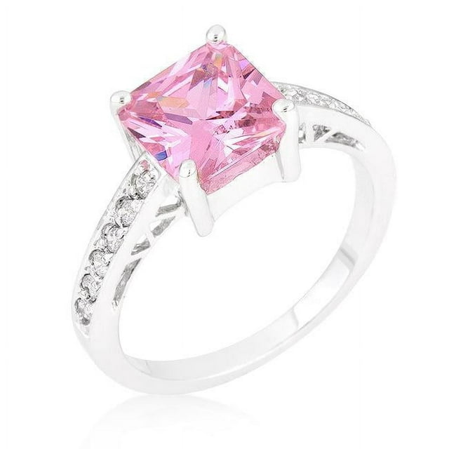 Precious Stars R07052R-C12-10 Precious Stars Silvertone Princess-cut Pink Cubic Zirconia Engagement Ring