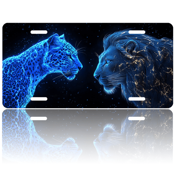 1 Pcs 2D Flat License Plate Covers & Frames, Leopard and Lion For Decorative Front, Waterproof For Decoration Aluminum License Plate Covers & Frames Cover For Men Women, 12" X 6"