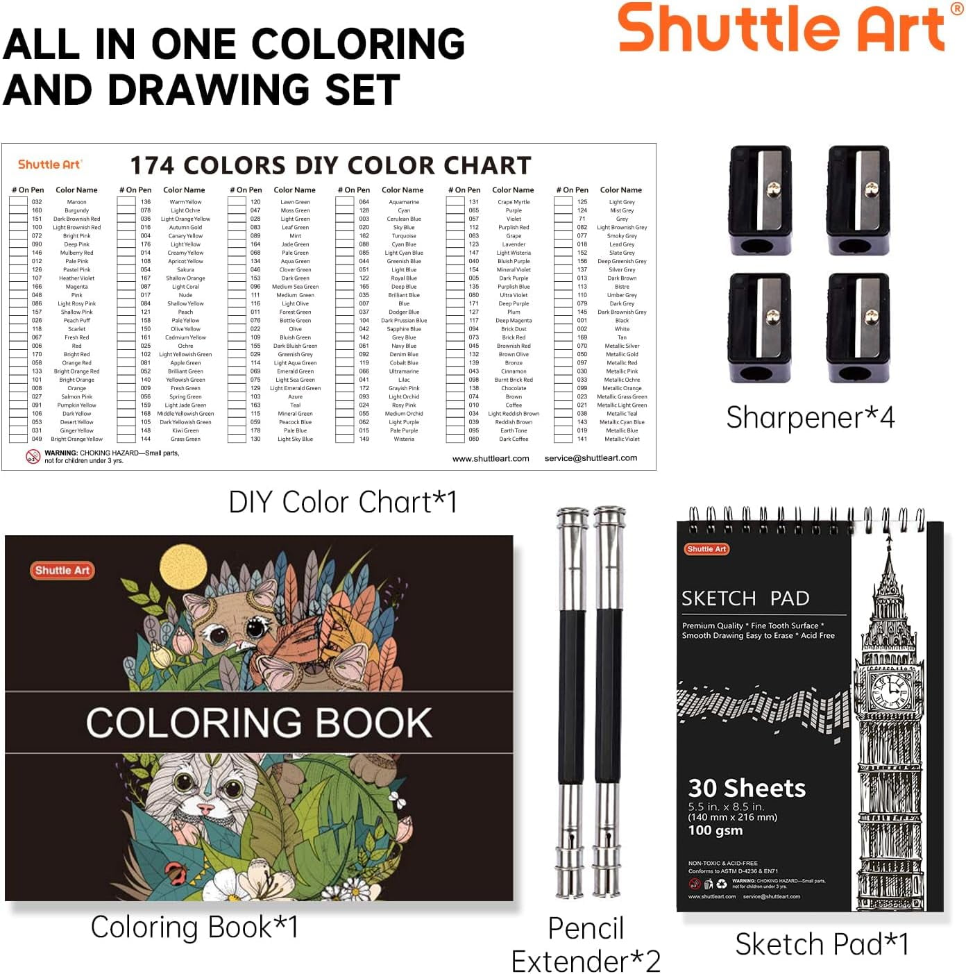 174 Colors Professional Colored Pencils, Shuttle Art Soft Core Coloring  Pencils Set with 1 Coloring Book,1 Sketch Pad, 4 Sharpener, 2 Pencil  Extender, Perfect for Artists Kids Adults Coloring 