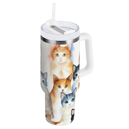 

JSTEL Cat Cute Kitten 40 oz Tumbler Stainless Steel Water Bottle Vacuum Insulated Cup with Straw Lid & Handle For Travel Car Cup Holder