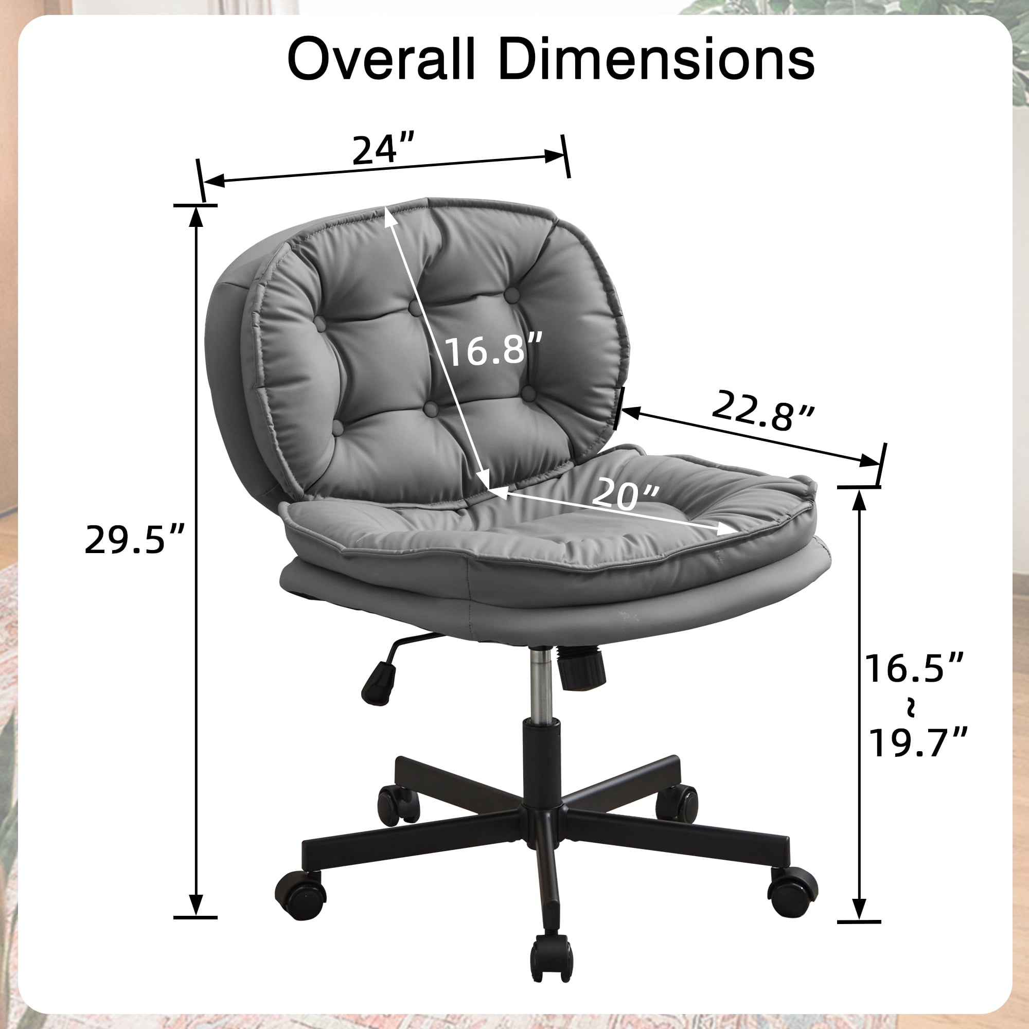 Miniyam Armless-Office Desk Chair with Wheels,PU Leather Cross Legged Wide Chair for Home Office,Gray