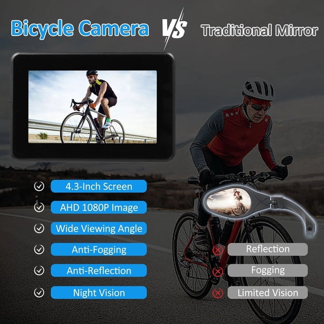 Handlebar Bike Mirror, 1080P Bicycle Rear View Camera with 4.3" Screen Night Vision Function, 110° Wide Angle View