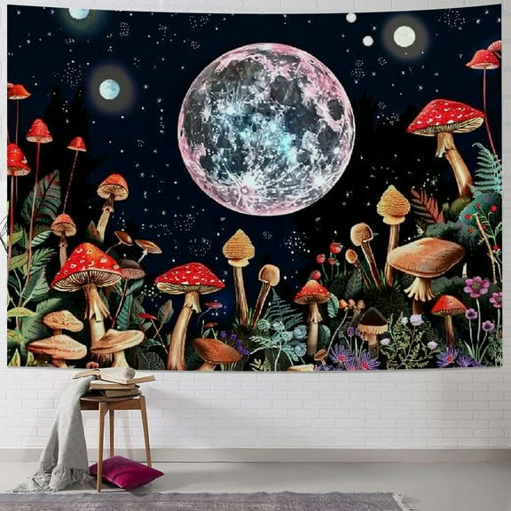 PRATYUS Mushroom Moon Tapestry Colorful Butterfly Green Plant Botanical Aesthetics Tapestry for Bedroom Black and White Stars Tapestry Wall Hanging for Living Room Dorm Wall Decor,