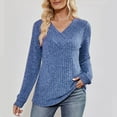 thumbnail image 2 of Lenpel Women's Tunic Tops Ribbed Knit Crossover V Neck Long Sleeve Brushed Fleece T Shirts Soft Casual Lightweight Sweaters(Blue,Medium), 2 of 4