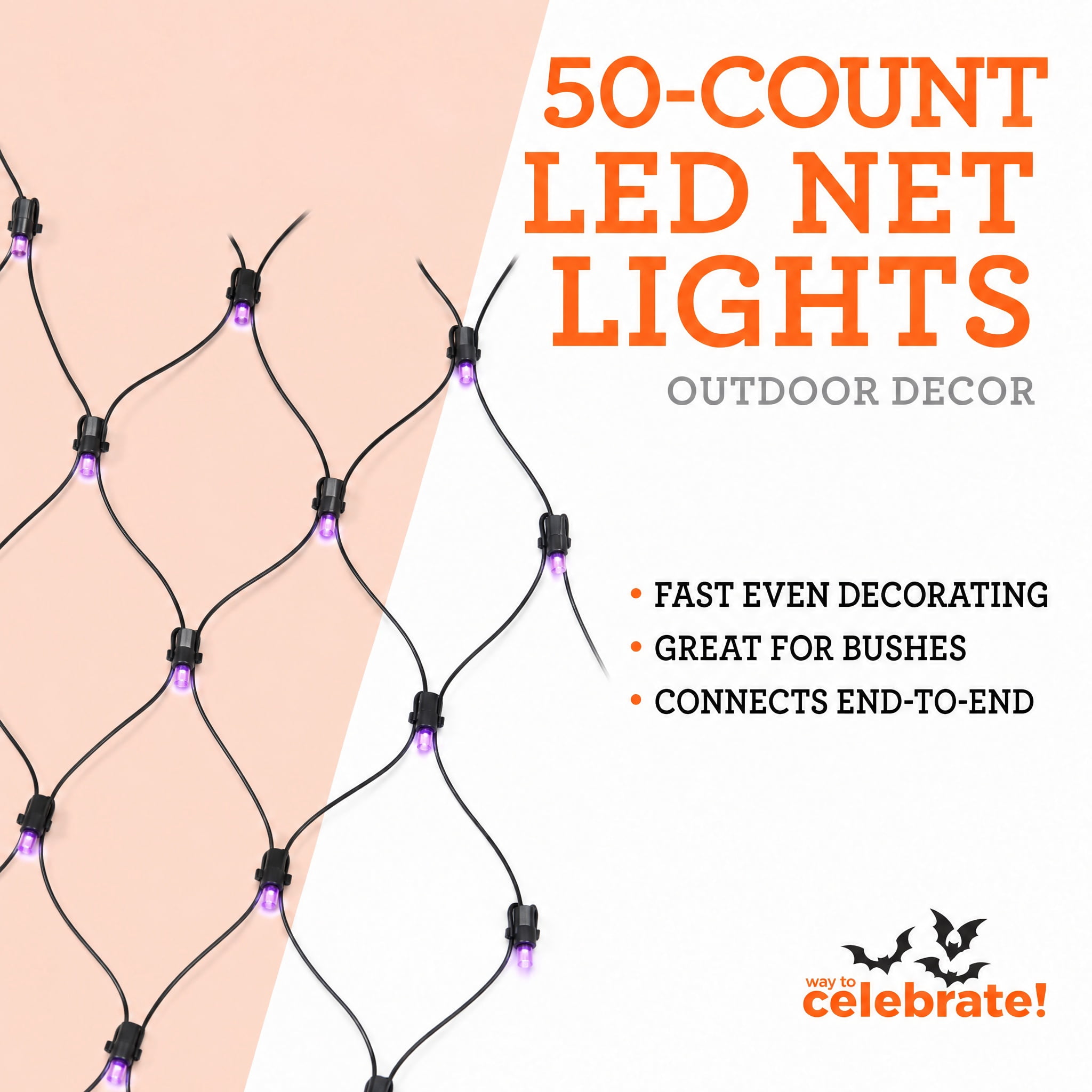 Indoor/Outdoor 50-Count LED Net Lights, Purple, 4' x 4', Halloween by Way To Celebrate