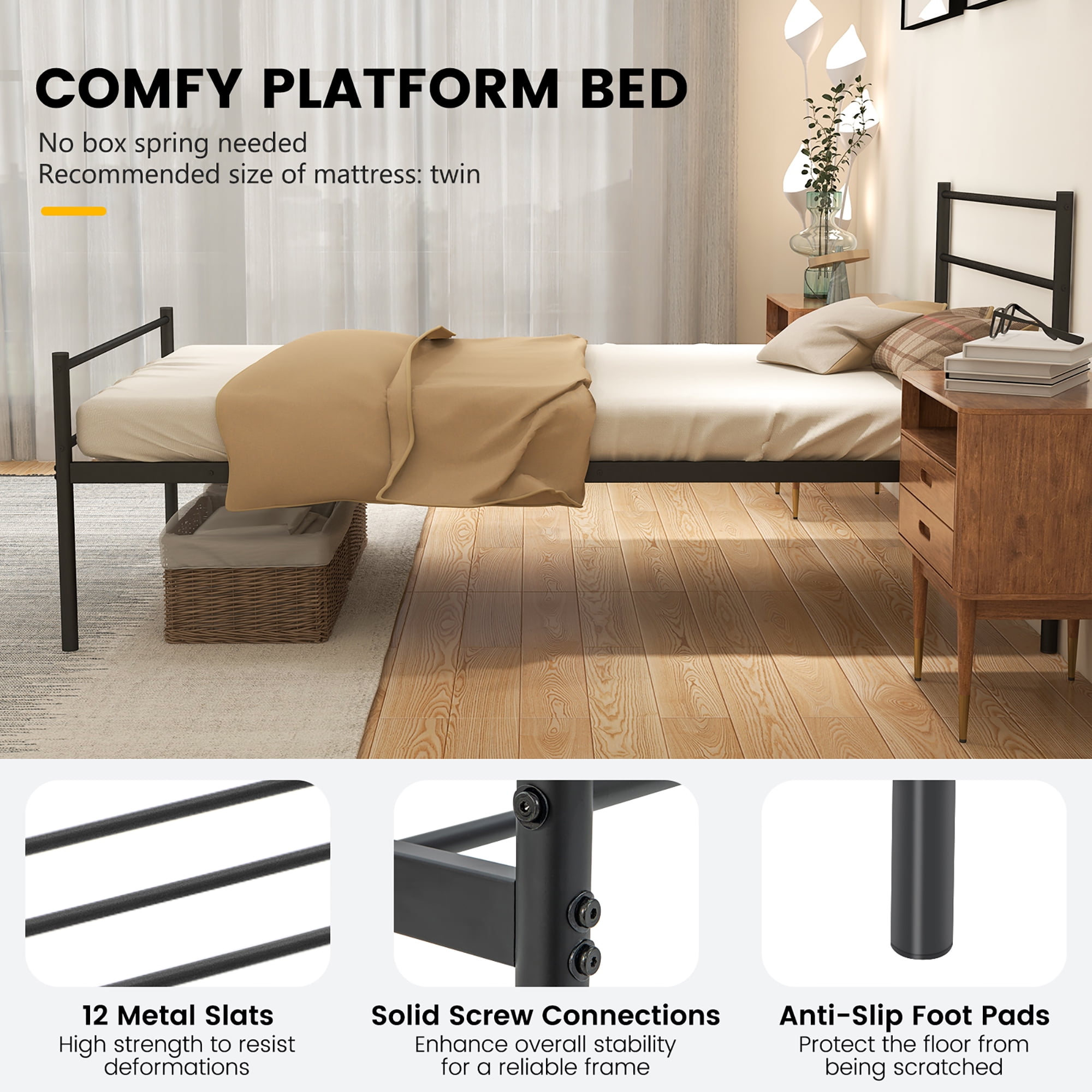 Costway Twin Metal Bed Frame Mattress Foundation No Box Spring Needed Black