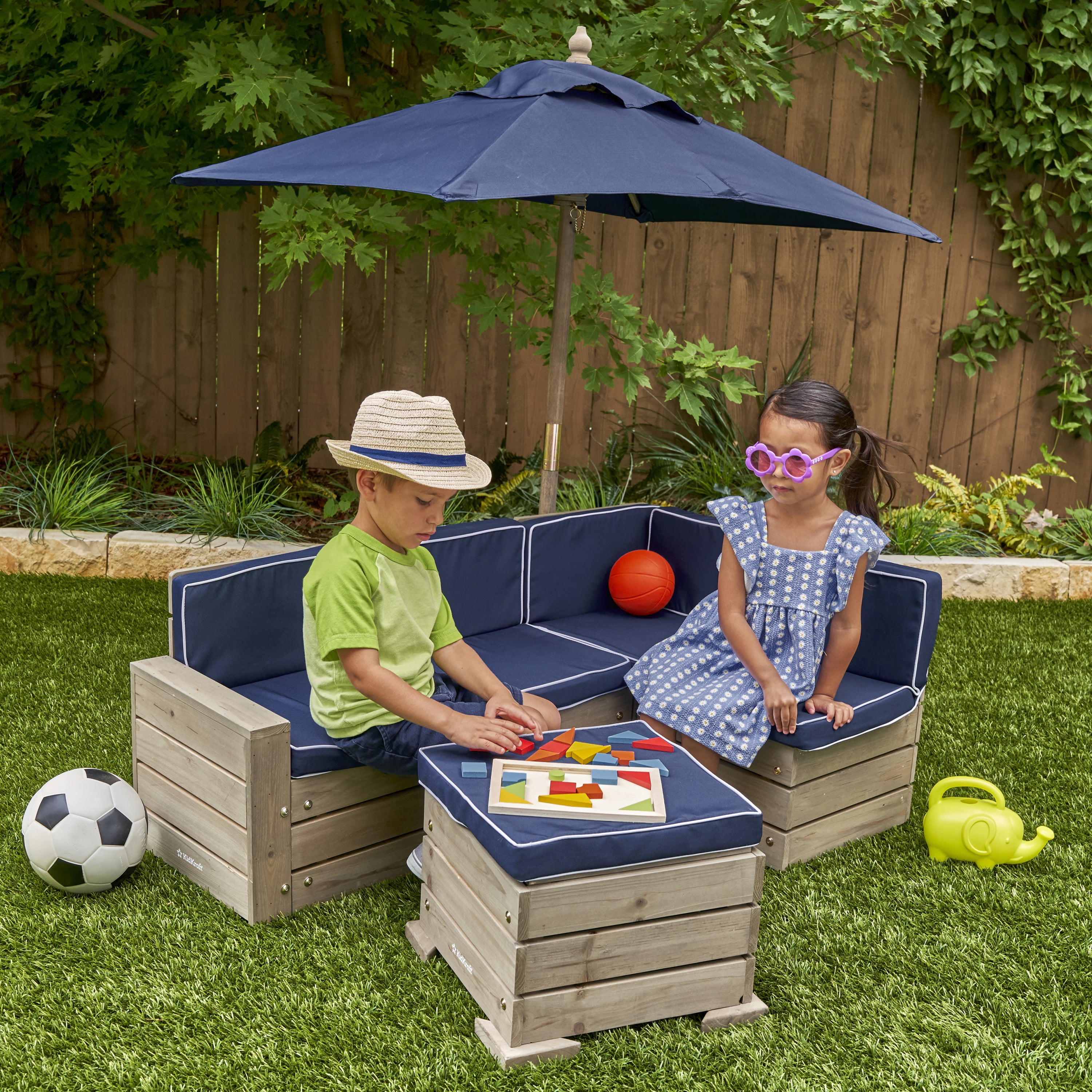 Kids Barnwood Gray and Navy Outdoor Sectional Set with Umbrella