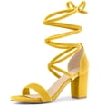 thumbnail image 1 of Sandalias de tiras de tacón grueso con cordones de terciopelo sintético para mujer Amarillo 40, 1 of 7