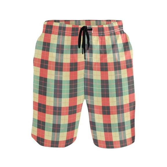 joogoo Men's Swim Trunks Plaid Grid Pattern Beach Shorts with Pockets XL