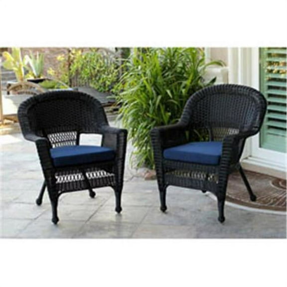 Jeco W00207-4-C-FS011-CS Black Wicker Chair with Blue Cushion - Set of 4