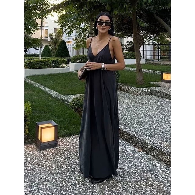 Vestido elegante liso con tirantes para mujer, vestido largo drapeado holgado sin mangas con cuello en V y espalda descubierta para mujer, novedad de verano 2024