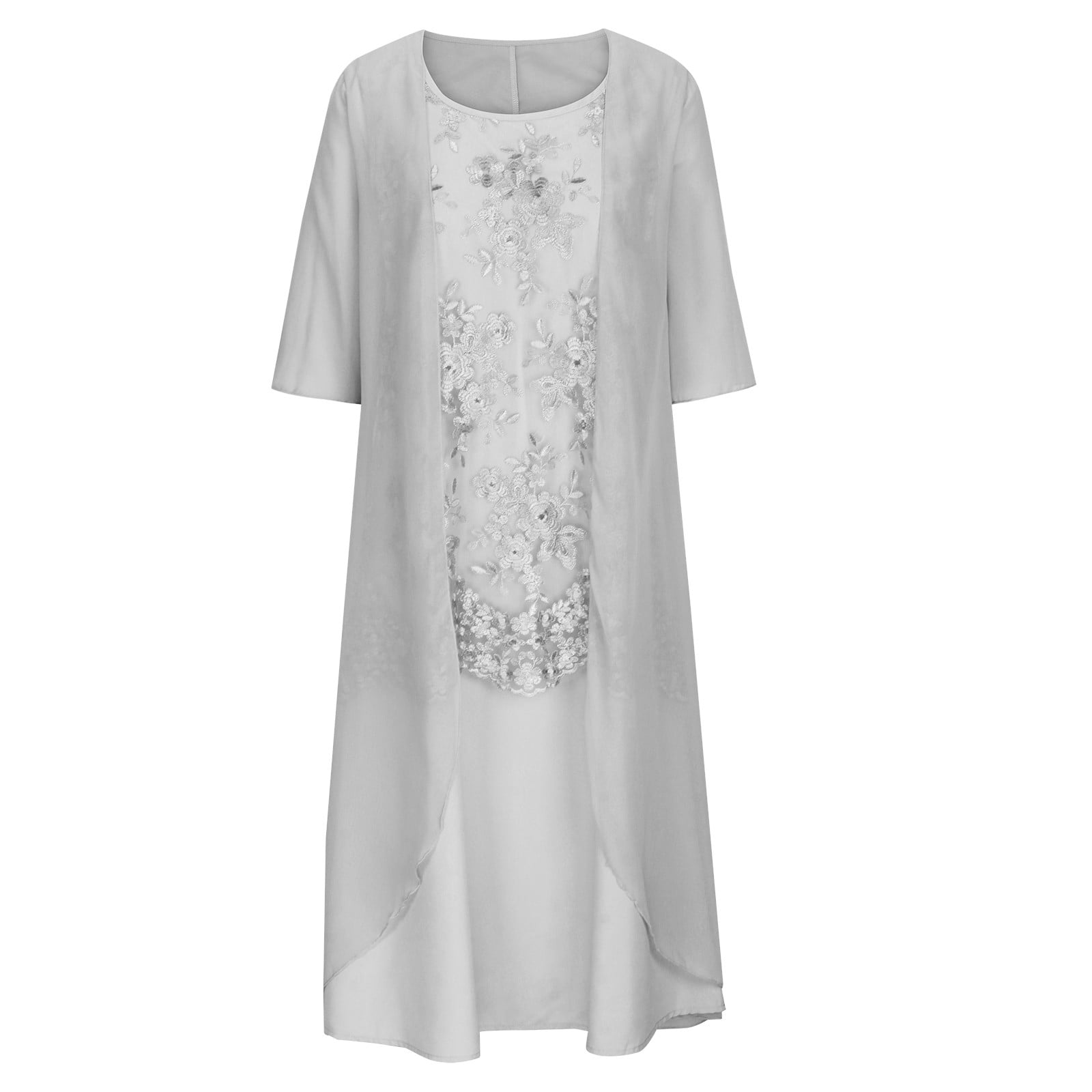 Dezsed Dresses for Women Wedding Guest Elegant Party Dress Floral Print Plus Size Crewneck Flowy Dress 2 Piece Clothing Set X-Gray XXXL