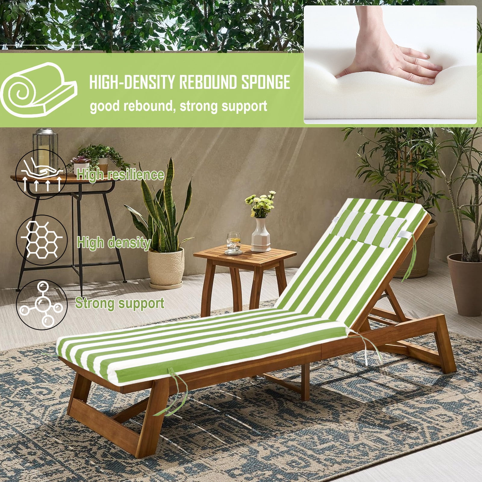 Outdoor Chaise Lounge Cushion with Adjustable Headrest and Straps