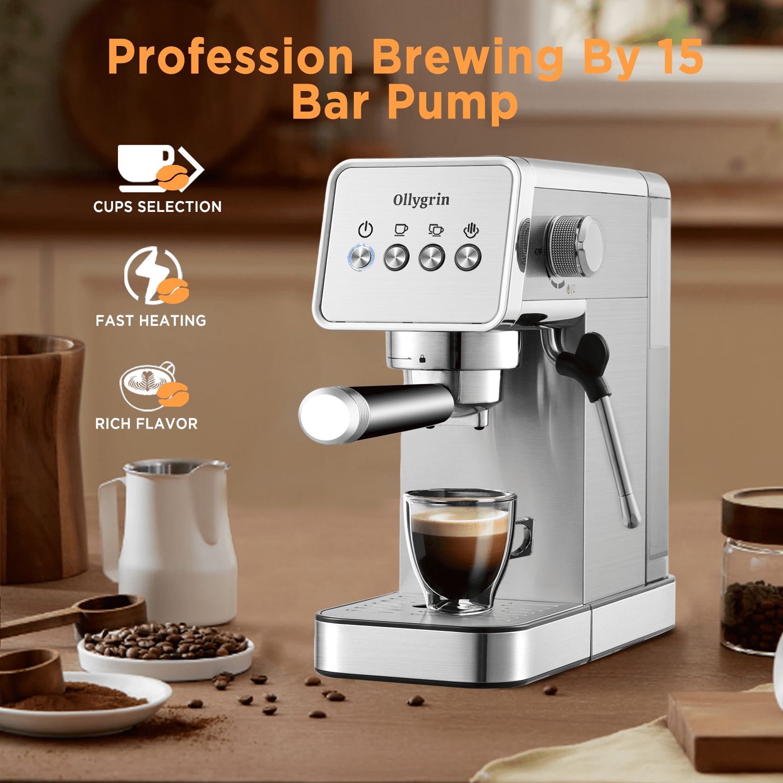 Ollygrin Espresso Machine,15 Bar Semi-Automatic Espresso Maker with Milk Frother,Compact Stainless Steel Coffee Machine with 40oz Removable Water Tank for Cappuccino,Latte, Americano,Sliver for Home