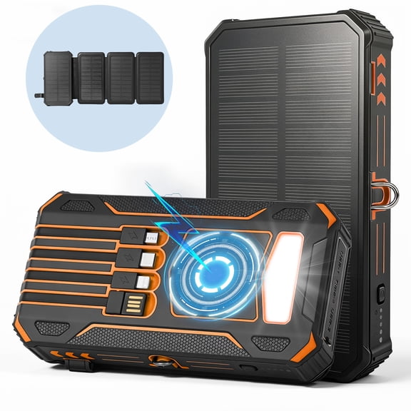 Solar Power Bank 20000mAh, PD15W Fast Charging Solar Charger with 4 Built-in Cables & Wireless Charging, Portable Solar Charger for Cell Phone, Solar Battery Pack for Camping (Orange)