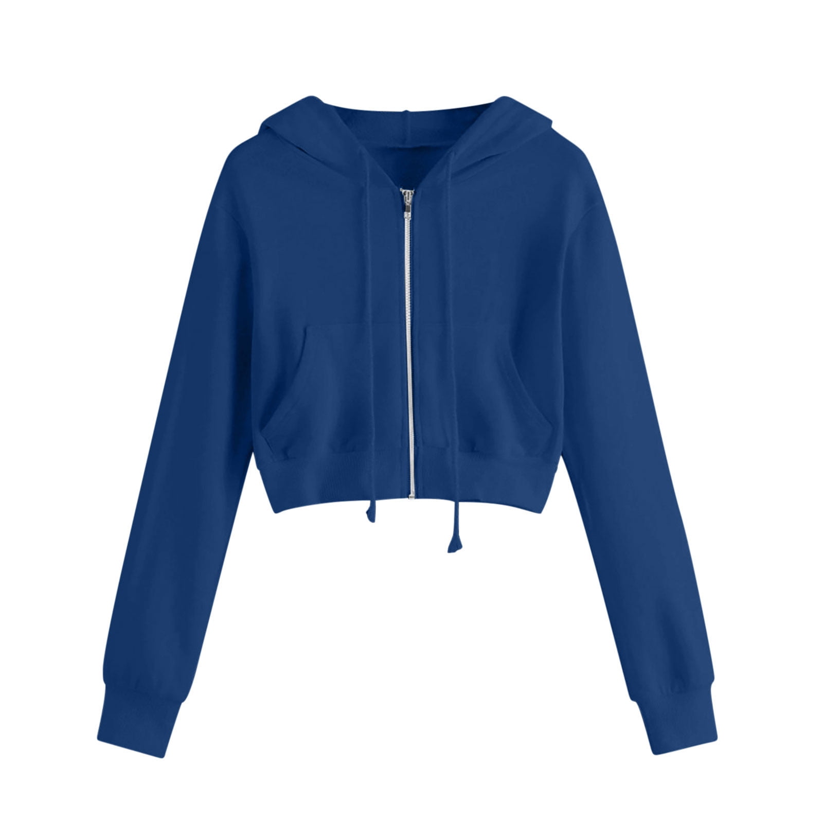 Fartey Hoodies for Women Plus Size Casual Zip Up Drawstring Cropped Hoodie Long Sleeve Short Sweatshirt Hooded Crop Jacket Tops with Pockets Blue M