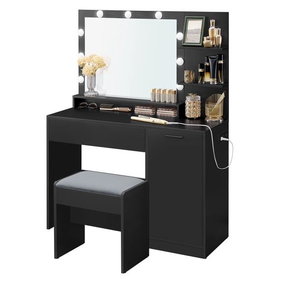 VASAGLE Vanity Desk with Mirror and Lights, Makeup Vanity Set with Stool, Power Outlets, Dimmable LED Lights - Bedroom Beauty Station, Ink Black