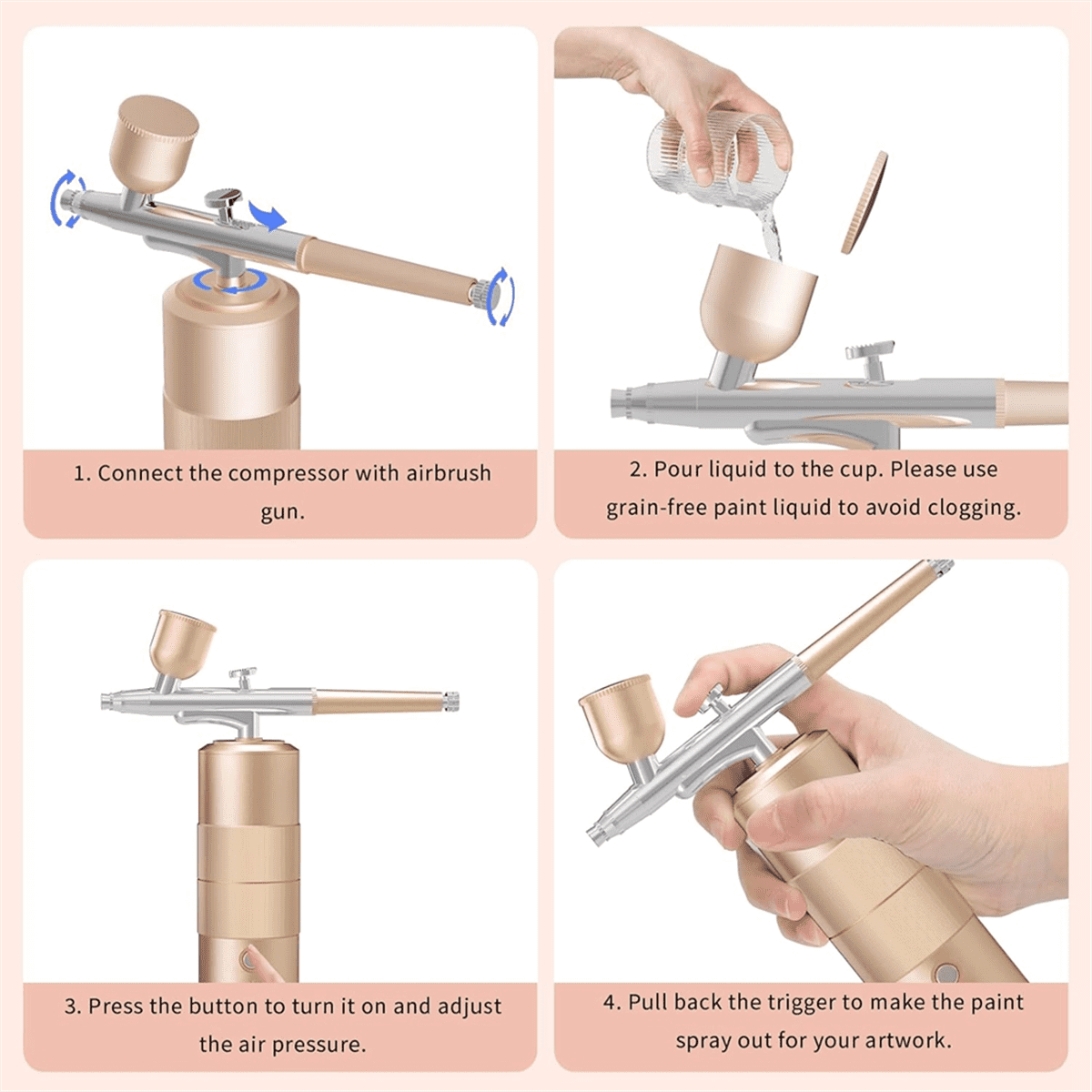 Airbrush Kit with Compressor High Pressure AirBrush Set with 0.3mm Nozzle Airbrush for Nails, Makeup,Gold