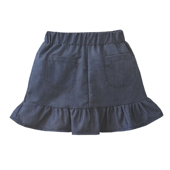 GiLiling Girls Denim Skirts, Ruffle Hem Mini Skirt with Pockets, Elastic Waist Cotton Blend Skirt for Toddlers Casual School Wear (Blue, 12-24 Months)