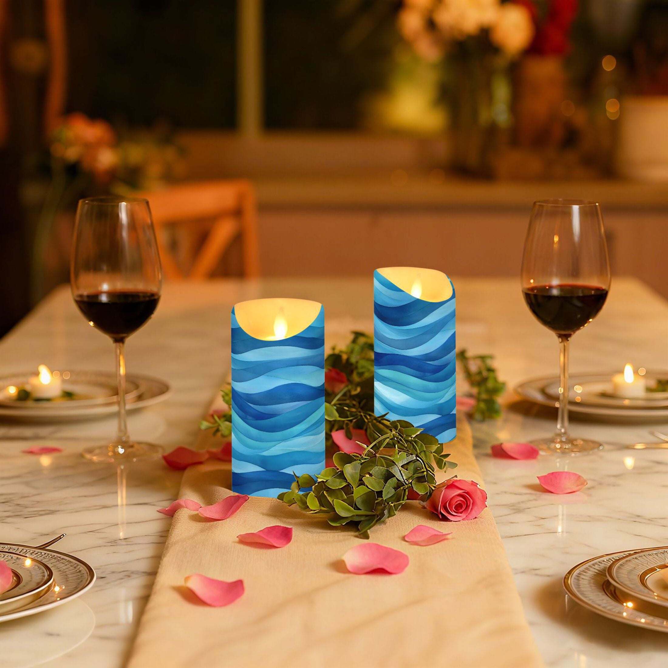 Blue Wavy Art Pattern Flameless Candles 2 PCS with Remote Realistic Moving Flame LED Tapered Pillar Set for Home Decor