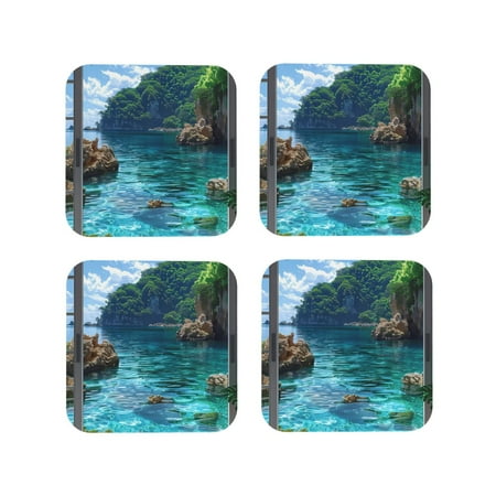 

Honeii Tropical Paradise Window View Print Leather Coaster Set of 4 Ideal for Safeguarding Your Furniture from Drinks Spills and Effortless Cleanup-Square