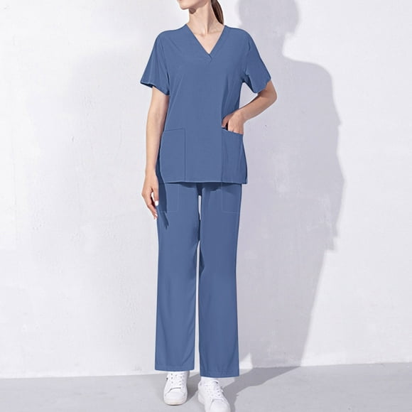 Hanen Basic Scrub Set for Women - Slim V-Neck Scrub Top & Multi Pocket Skinny Cargo Scrub Pants