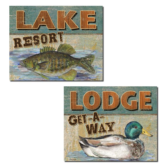 Rustic Lodge Get Away and Lake Resort Signs with Fish and Mallard; Two 10x8 Poster Prints