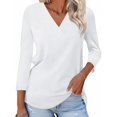 thumbnail image 2 of Liher 3/4 Sleeve T-shirt for Women Casual V Neck Basic Top Solid Color Dressy Tee White Loose Fit Blouse Clothes Size XXL, 2 of 5
