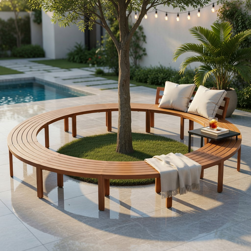 Hommoo Outdoor Acacia Wood Curved Bench Set of 3, Backless Patio Stools for Porch, Deck & Fire Pit Seating, Natural