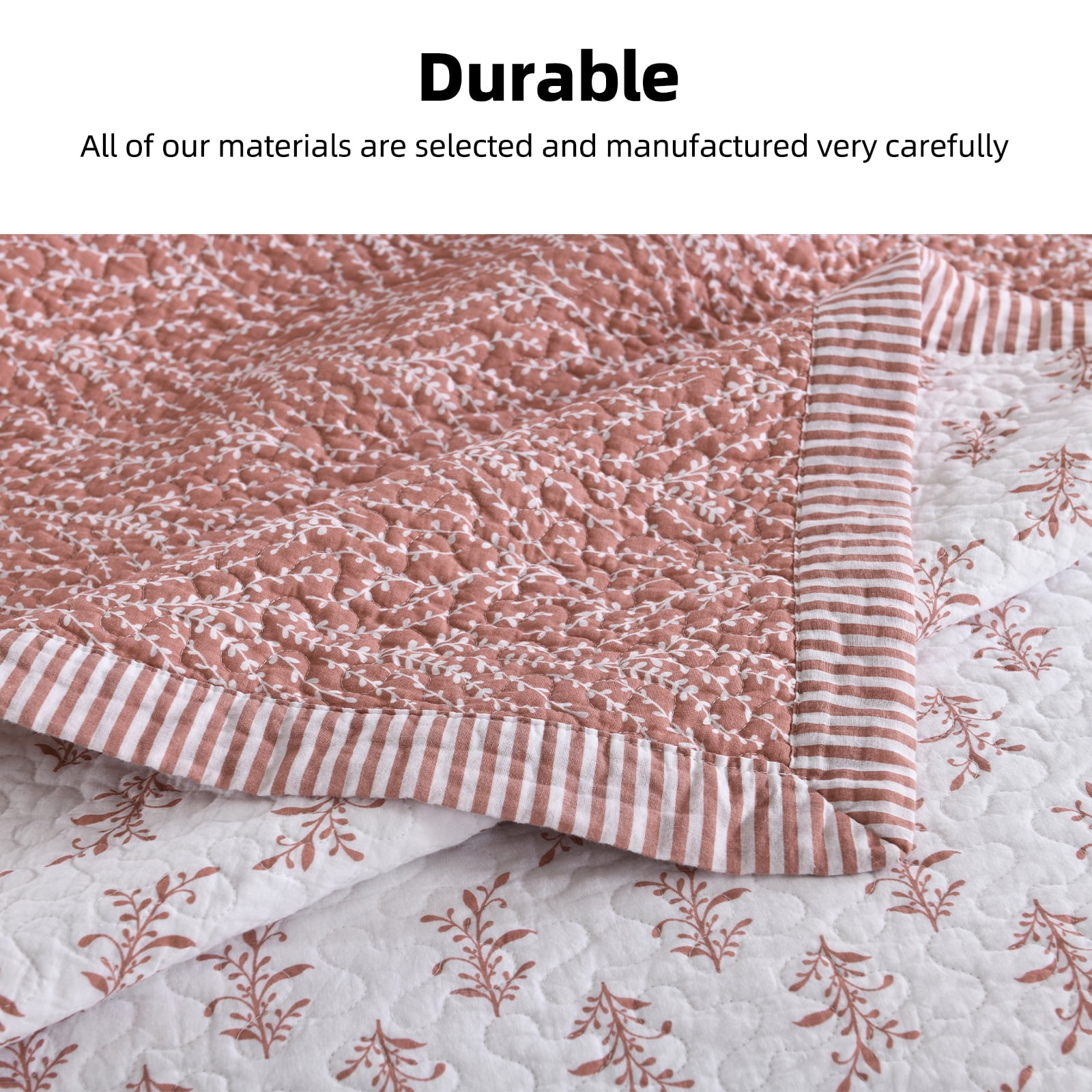 PANGUSHAN 100% Cotton Queen Quilt Set, Farmhouse Queen Size Quilt Bedding Set Bedspreads, Reversible Botanical Patterns Quilted Lightweight Comforter, Vintage Rose/White Bed Spread for Queen Bed