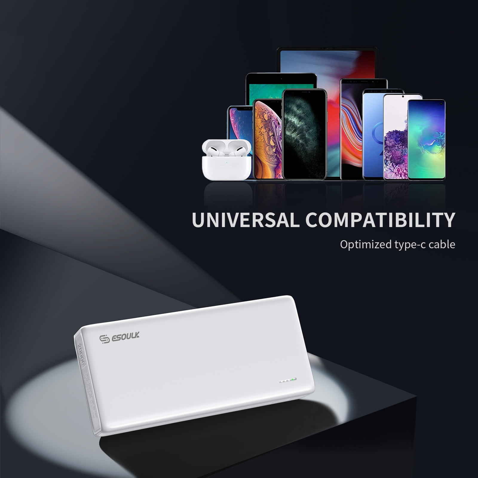 Esoulk 20000mAh PD 20W QC 22.5W Power Bank, White Portable Charger