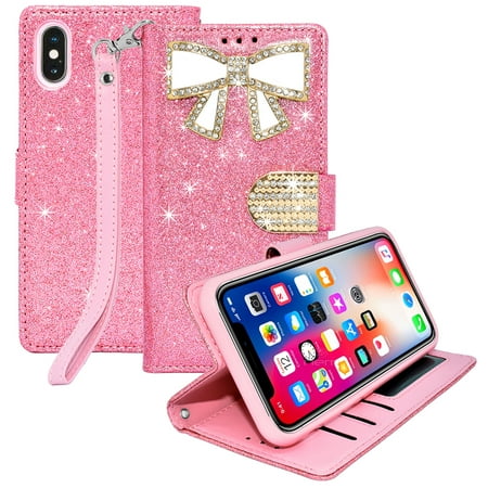 Apple IPhone X / 10 Diamond Bow Glitter Leather Wallet Case Cover