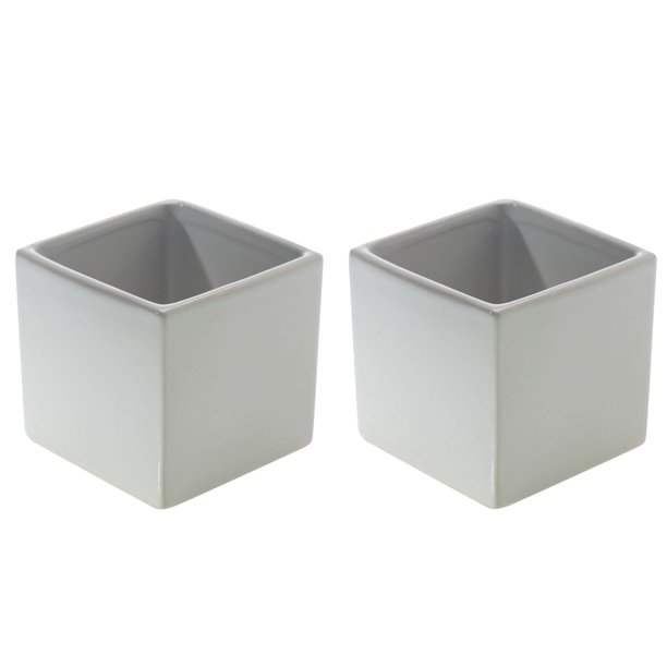 Glossy White Square Vase Set of 2 3.25 x 3.25 Inches Ceramic